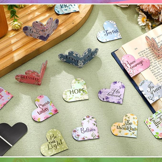 48 Pcs Christian Bible Magnetic Bookmarks for Women Religious Heart Bookmark with Bible Verses Magnetic Page Clips Floral Inspirational Gifts for Church Reading Book Lovers Mother's Day