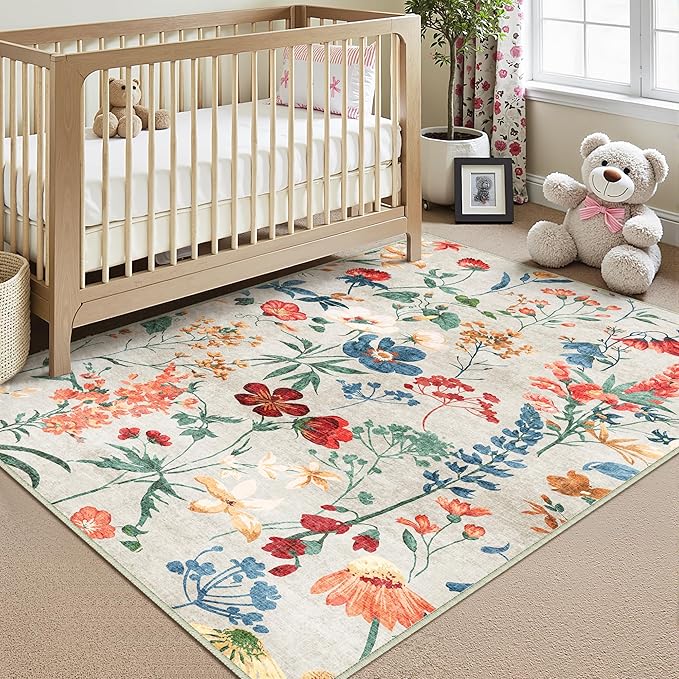 Beige Area Rug 3x5 Office Floral Boho Door Mat Indoor Washable Kitchen Carpet Non Slip Bedroom Low Pile Lightweight Soft Throw Rug for Living Dining Room Bathroom