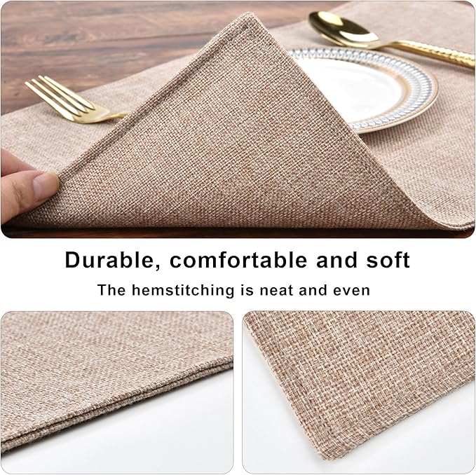 Cloth Placemats Set of 8 - Double Thickened Easy to Clean Linen Style Fabric Placemats - Machine Washable Placemats - Heat Resistant Non-Slip Table Mats (Natural Linen, 8)