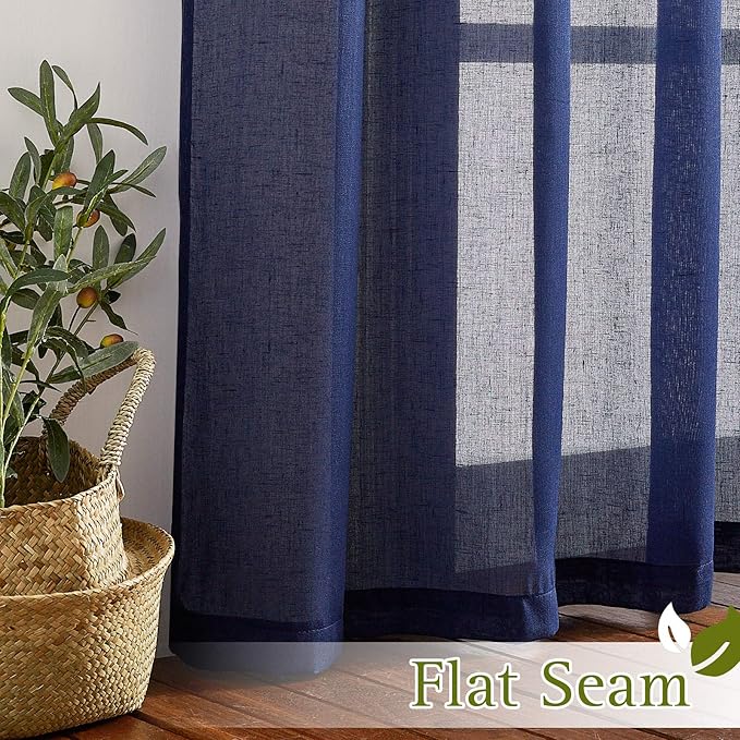 NICETOWN Linen Textured Sheer Bedroom Window Curtains, Grommet Semitransparent Vintage Natural Open Linen Wave Privacy Sheer Draperies for Hall/Villa, Dark Blue, 52W by 84L, Set of 2