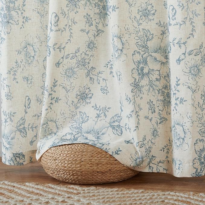 jinchan Linen Floral Curtains Extra Wide for Patio Sliding Glass Door Room Divider Curtain for Living Room 96 Inch Length Farmhouse Peony Blue Printed Curtain Set 1 Panel