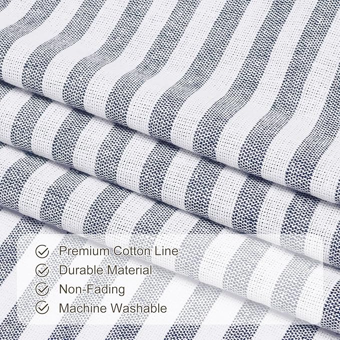 ASPMIZ Cotton Linen Farmhouse Curtains Boho Rustic Button Drapes, Linen Window Curtain Panels, Blue Stripe Country Curtains for Bedroom Living Room, Modern Rod Pocket Curtain 52 x 63 Inch, 2 Panels