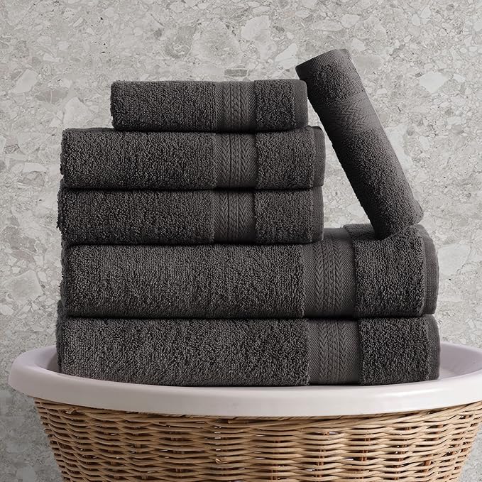 REGAL RUBY, 6 Piece Towel Set, 2 Bath Towels 2 Hand Towels 2 Washcloths, Soft and Absorbent, 100% Turkish Cotton Towels for Bathroom Shower Towel, Bath Linen Set Grey