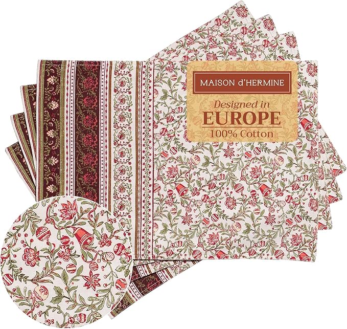 Maison d' Hermine Placemats Set of 4 100% Cotton Washable Cloth Place Mats, Reusable Table Mats for Kitchen Dining Decoration, Party, Wedding, Restaurant (Reveillon Au Jardin, 13" x 19")