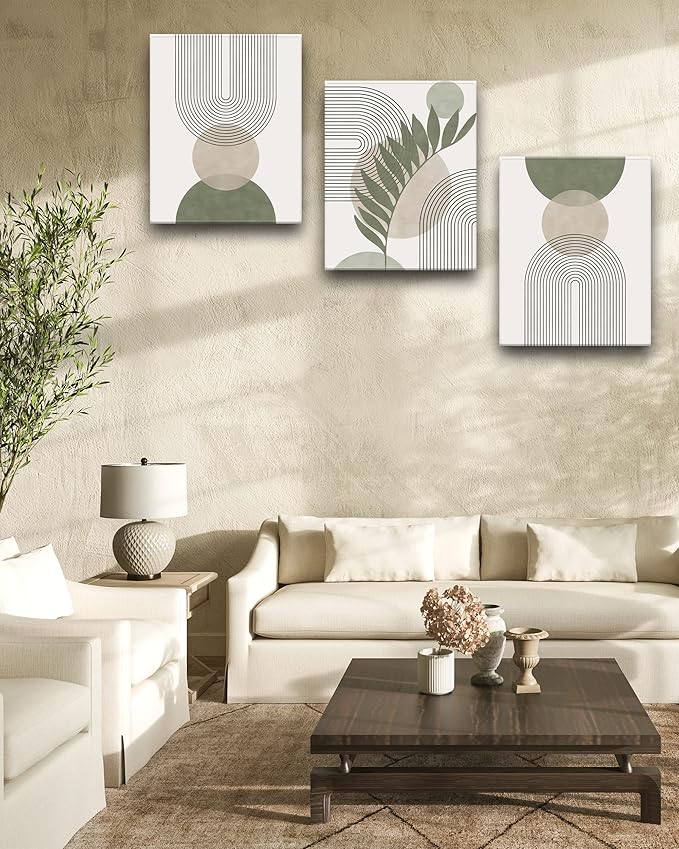 Sage Green Boho Wall Art, 12x16in Framed Canvas Bathroom Wall Art Pictures, Mid-Century Modern Wood Framed Abstract Prints for Bedroom,Minimalist Office Wall Decor 3Pack
