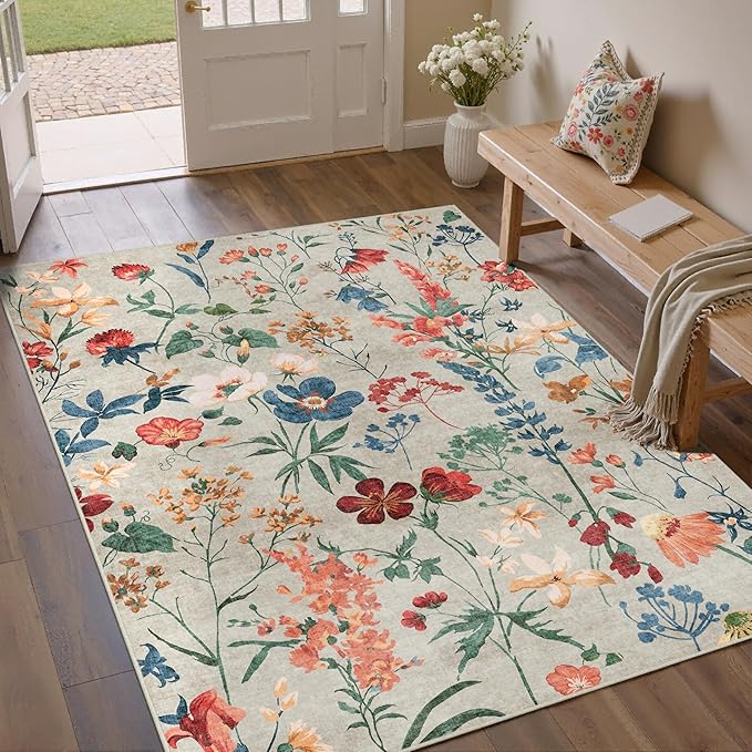 Beige Area Rug 3x5 Office Floral Boho Door Mat Indoor Washable Kitchen Carpet Non Slip Bedroom Low Pile Lightweight Soft Throw Rug for Living Dining Room Bathroom