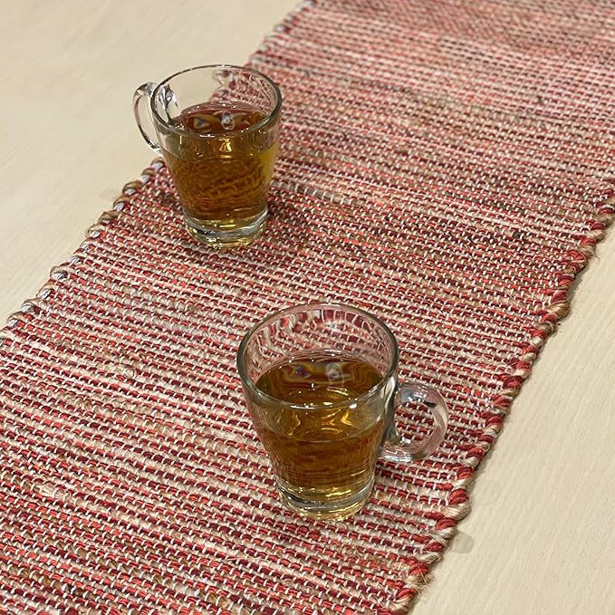 Chardin Home Natural Jute Table Runner 13x90 Inch – Vintage Boho Rustic Table Decor – Handwoven Jute Table Runner in Natural and Rust Orange – Farmhouse Dining or Console Table Accent