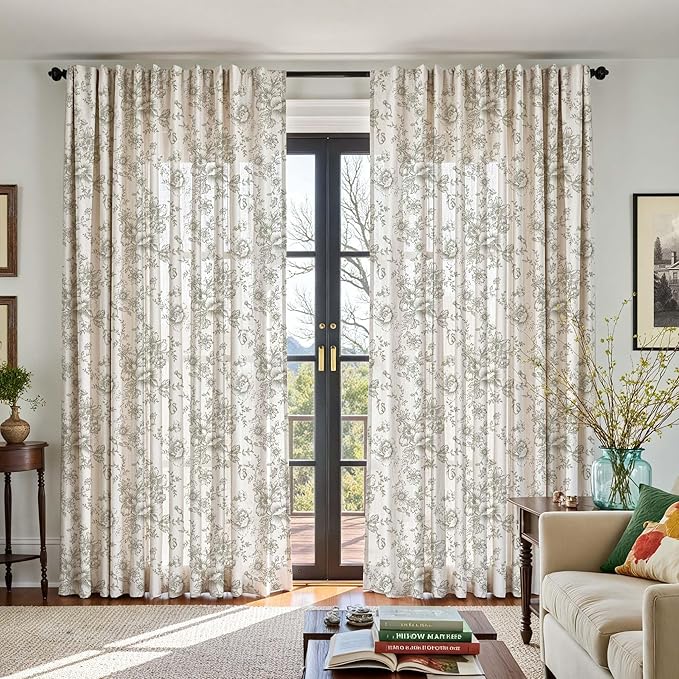 jinchan Linen Floral Curtains Extra Wide for Patio Sliding Glass Door Room Divider Curtain for Living Room 90 Inch Length Farmhouse Peony Green Printed Curtain Set 1 Panel