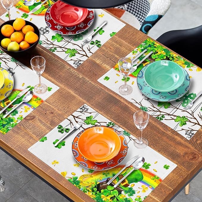 Giwawa St Patricks Day Placemats Set of 4-12"x18" Lucky Clover Tree Elf Hat Place Mat- Spring Shamrock Rainbow Colorful Linen Washable Table Mats for Kitchen Dining Holiday Party Tabletop Decor