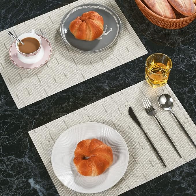 Zupro Placemats Set of 4 Washable Heat-Resistant Non Slip Braided Table Mats Woven PVC Vinyl Kitchen Dining Patio Table Place Mats for Dinner Parties BBQs Indoor and Ourdoor Use.18"x12"(Bamboo-Beige)