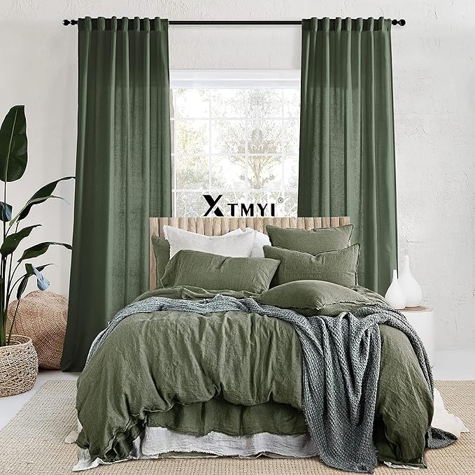 XTMYI Short Curtains for Bedroom,Pole Pocket Back Tab Linen Boho Small Curtain for Kitchen Shower Bathroom Window,54 Inch Length,Dark Olive Green