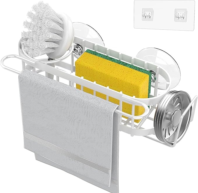 Cisily Kitchen Sink Caddy Sponge Holder in The Sink, Stainless Steel Kitchen Sink Organizer, Brush Holder, Dish Cloth Hanger, Sink Stopper Holder with 2 Installation Ways (Suction & Adhesives, Silver
