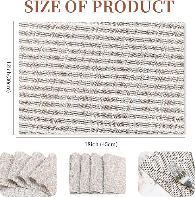Vinyl Plastic Placemats Set of 6 Washable Heat Resistant Non-Slip Elegant Indoor Outdoor Kitchen Dining PVC Woven Table Place Mats (Brown Rhombus)