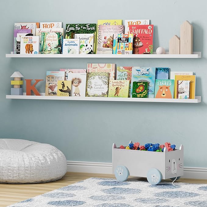 Wallniture Denver 60" White Long Floating Shelves, Wall Bookshelf for Kids Room, Picture Ledge Shelf, Wall Shelves, Set of 2