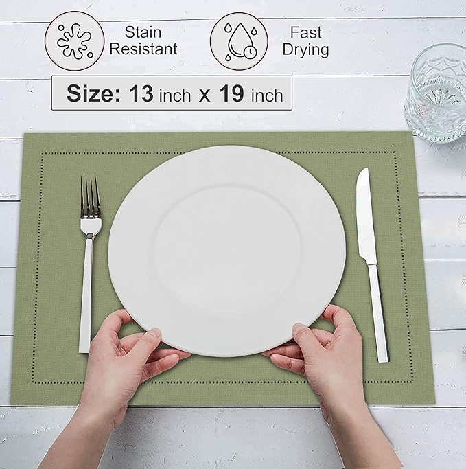 Ruvanti Linen Placemats Set of 6-13x19 Inch, Classic Hemstitch, Heat Resistant Machine Washable Place Mats, Soft & Elegant- Perfect for Christmas, Thanksgiving, Weddings, Dinner - Martini Olive