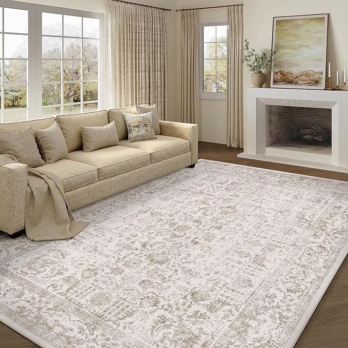 Light Brown Area Rug 8x10 Machine Washable Large Vintage Living Room Distressed Non Slip Carpet Traditional Indoor Bedroom Retro Floral Accent Throw Rug for Office Kitchen Dining Room