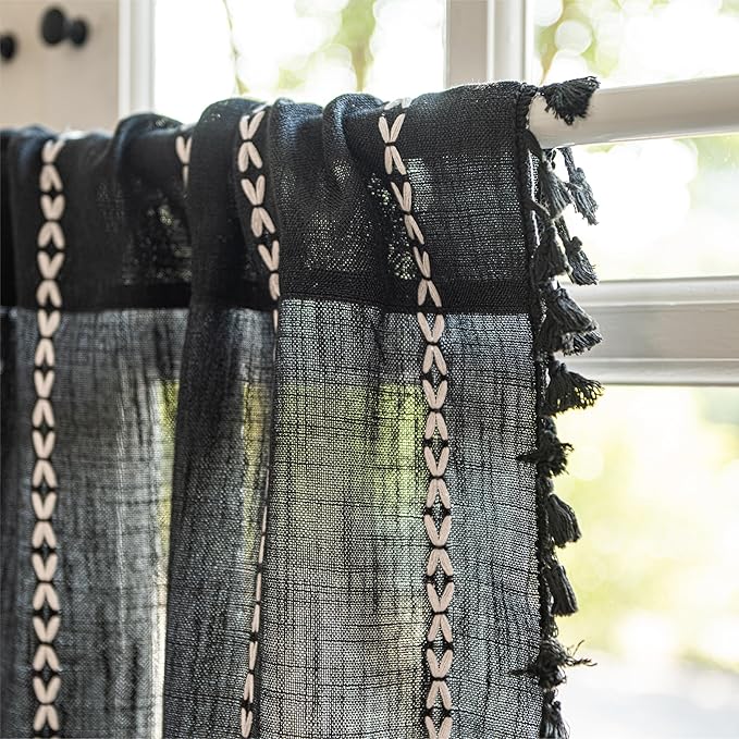 Sutuo Home Boho Valance Curtain Tier 36 inches for Kitchen Cafe Closet, Short Farmhouse Vintage Tassels Window Treatment Bohemian Stripe Embroidery Drape Rod Pocket 1 Panel 52" W x 36" L, Black