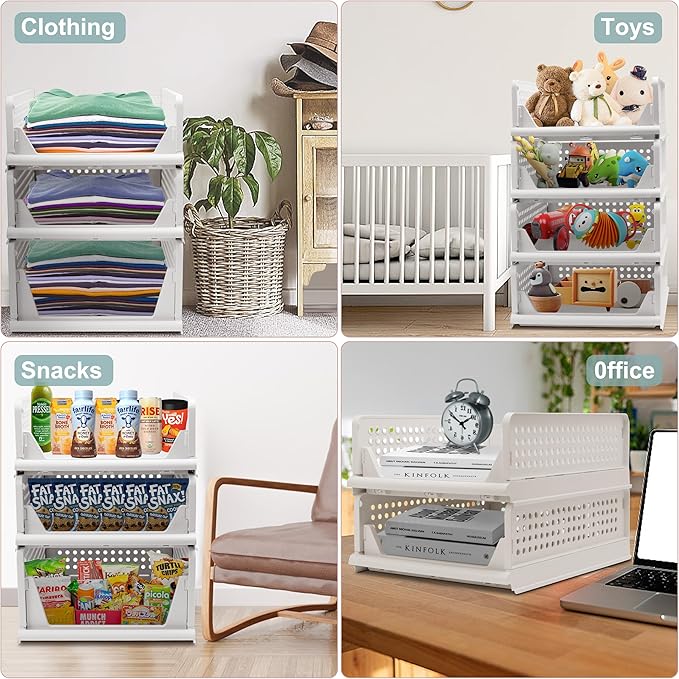 Stackable Foldable Storage Baskets, Folding Storage Bins, Closet Organizers and Plastic Drawer Shelf Storage Container for Wardrobe, Cupboard, Kitchen, Bathroom, Office (White, 4S)