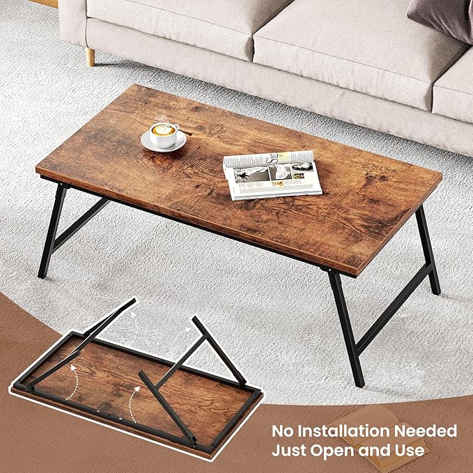 Folding Coffee Table, Leg Latches Portable Sturdy Floor Table Desk for Sitting on The Floor, No Assembly Low Coffee Table for Living Room, Home, Office, Rustic Brown, 41.34L×21.65W×15.75H