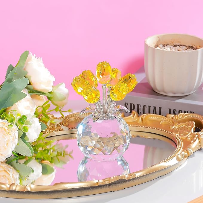 Yellow Rose Flower Crystal Figurine with Vase, Bouquet Flowers Ornament Gifts for Wife Girlfriend Women , Handmade Crystal Flower Collectible Home Table Decor for Valentine's Day Wedding Anniversary