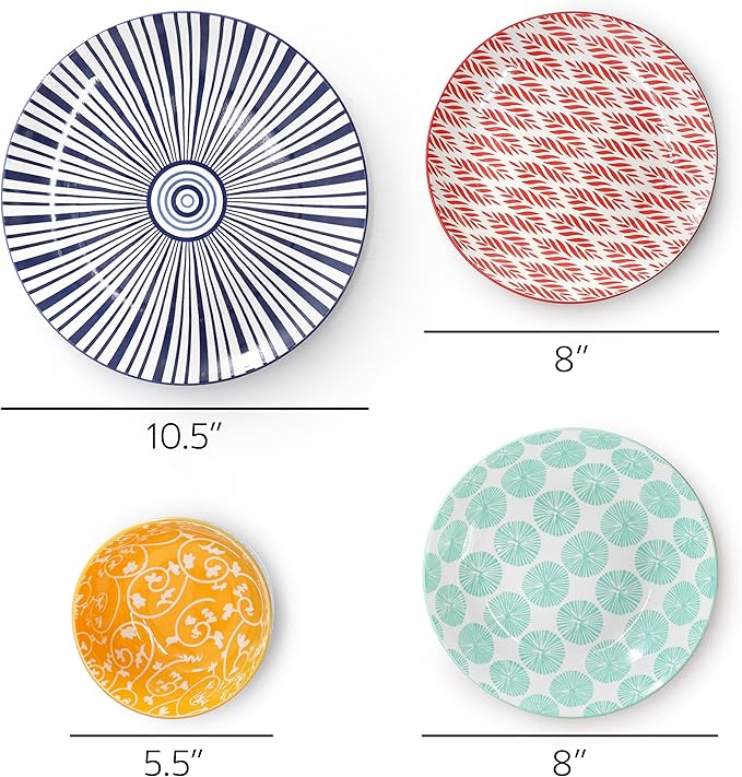 Elama Giovanna 16 Piece Assorted Design Porcelain Multi-Color Graphic Double Bowl Dinnerware Set, Tableware, Serveware, Dinnerware Set, Bowl Set (16 Piece)