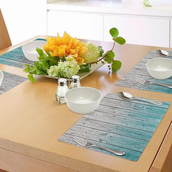 Ambesonne Rustic Place Mats Set of 8, Wood Panels Background Digital Tones Effect Country House Art Image, Washable Fabric Placemats for Dining Table, Placemat 8 pcs, Teal Grey