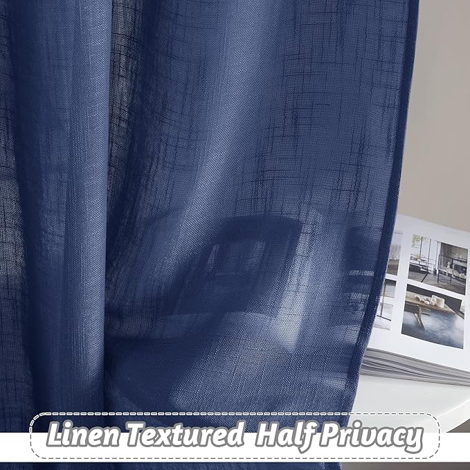 RYB Home Linen Sheer Curtains - Linen Textured Wave Semi Sheer Curtains Light & Airy for Bedroom Bathroom Kitchen Window Decor, Navy Blue, Wide 52 x Length 45 inch, 2 Panels