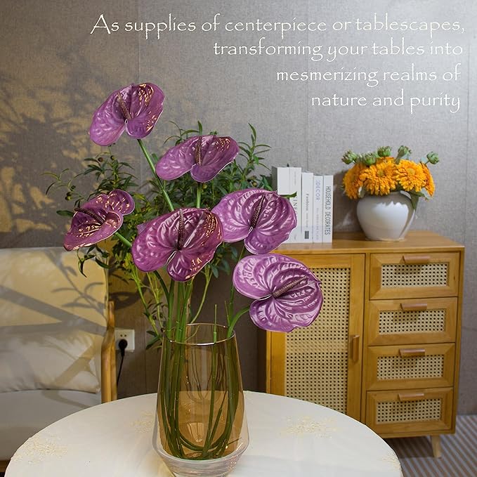 10pcs Artificial Anthurium,28 Inch Faux Tropical Plants Tailflowers,Realistic Flamingo Flower for Home Decor Centerpiece Wedding Bouquet Bonsai,Purple