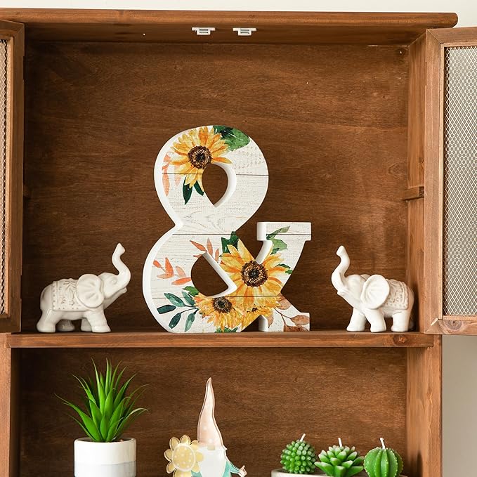 COLLECTIVE HOME - 10" Sunflower Wooden Letter Block, DIY Farmhouse Decor, Rustic Freestanding Monogram Block (&), 1 Piece