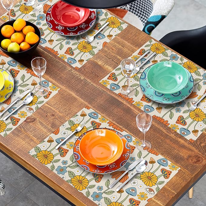 Retro Boho Floral Placemats Set of 4 70s Vintage Cute Abstract Mushrooms Fun Linen Washable Kitchen Dining Table Mats Stain Heat-Resistant Desktop Decor Place Mats for Home Party Dinner 12x18 in
