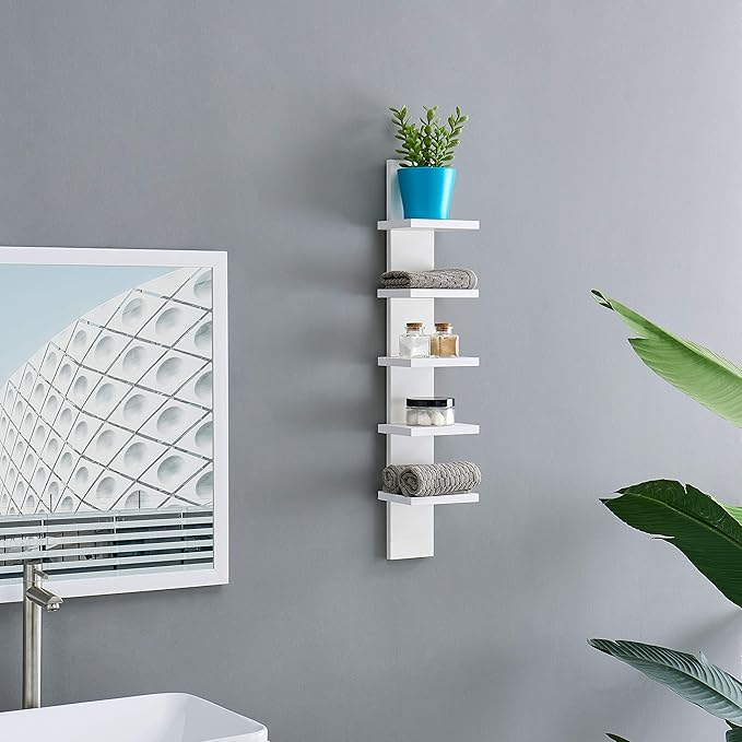 Danya B 5 Tier Wall Shelf Unit Narrow - Vertical Column Ladder Shelf, Floating Storage, Home Decor Organizer, Tall Tower Design, Utility Shelving, Bedroom, Living Room (White)