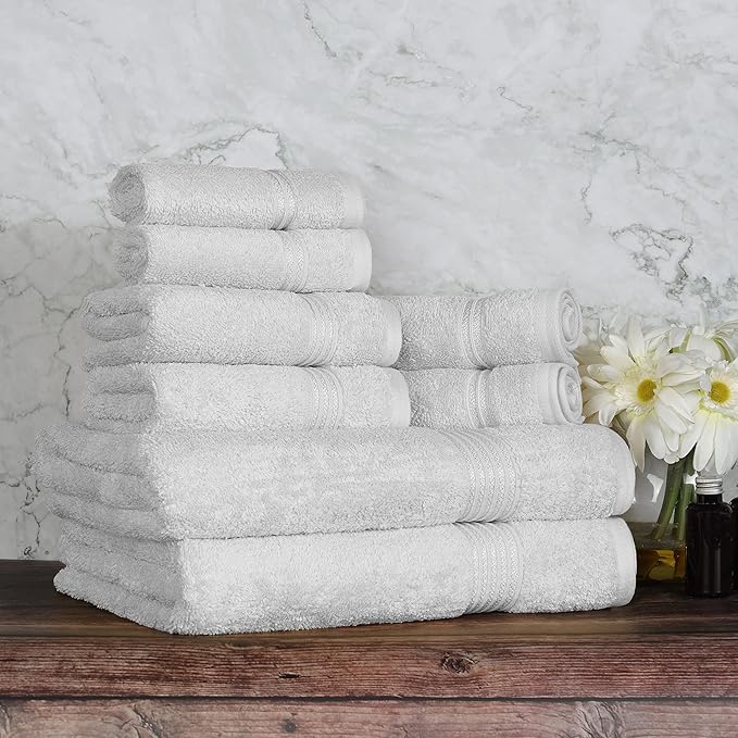 Superior Egyptian Cotton 8-Piece Towel Set, Assorted Towels for Home Bathroom, Guest Bath Decor Essentials, Includes 2 Bath, 4 Hand, 2 Face Towels/Washcloths, Quick Dry, Absorbent, Silver