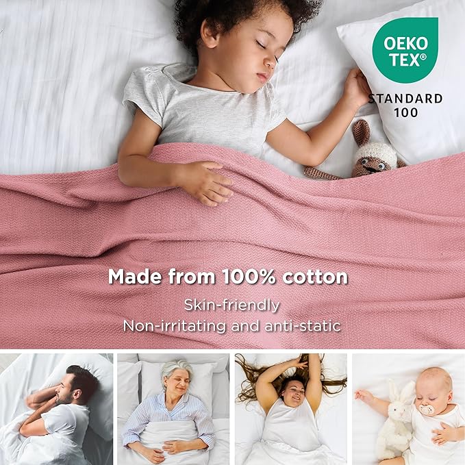 Bedsure 100% Cotton Blanket King Size for Bed - Breathable and Lightweight, Soft Cozy Textured Herringbone Woven Blanket for Summer, Pink, 108x90 inches