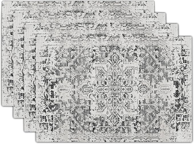 Gray Black Boho Placemats Set of 4 Ethnic Bohemian Carpet Place Mats Washable Kitchen Dining Vintage Grey Geography Floral Linen Table Mats Stain Heat-Resistant Cloth Tabel for Home Party 12x18 in
