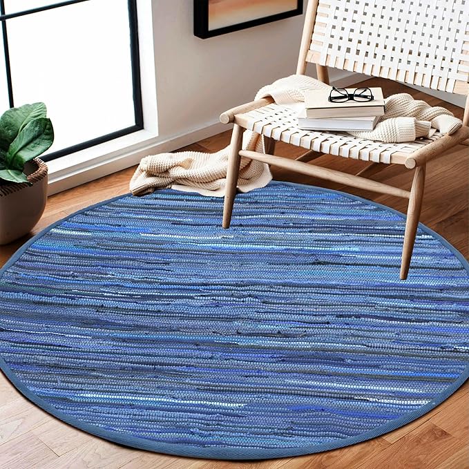 Area Rugs 4Ft Round Navy Blue Cotton Rug Farmhouse Handwoven for Bedroom, Bathroom,Living Room | Boho Reversible Washable RagRug Circle Carpet for Kitchen, Patio, Kids Playroom, Nursery