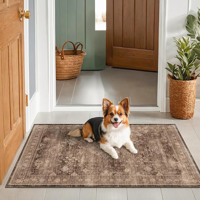 Brown Boho Washable 3x6 Large Kitchen Runner Rug, Indoor Entryway Home Office Floor Rug, Non-Slip Stain & Fade Resistant, Vintage Dark Neutral Floral Decor