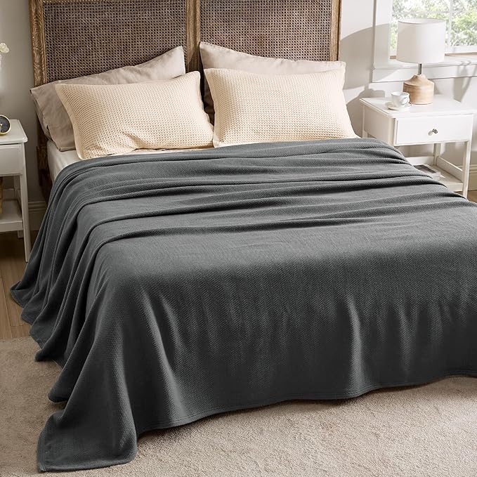 Bedsure 100% Cotton Blanket King Size for Bed - Breathable and Lightweight, Soft Cozy Textured Herringbone Woven Blanket for Summer, Dark Grey, 108x90 inches