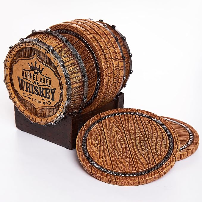 Cabin Obsession Whiskey Barrel Coaster Set β Handcrafted Whiskey Barrel Decor for Whiskey Lovers and Man Cave Gifts for Men - 6 Full Size Whiskey Coasters with Barrel Style Holder for Man Cave DΓ©cor