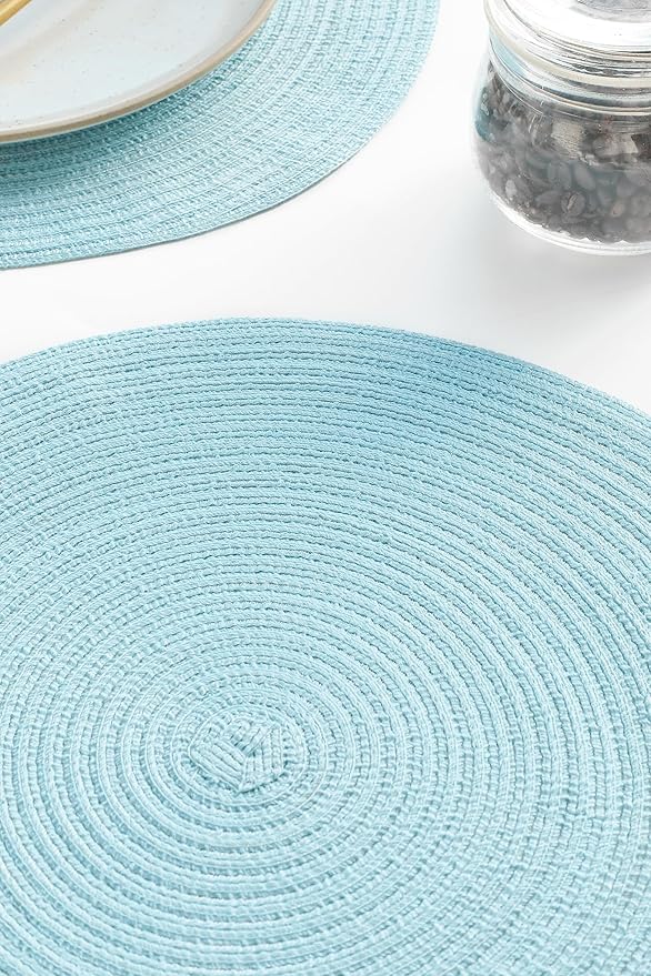 Floroom 15 Inch Round Braided Placemats Set of 4, Washable Heat Resistant Cotton Polyester Circle Place Mats for Kitchen Dining Table - Light Blue