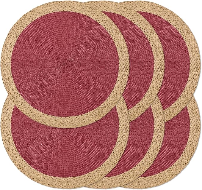 Noctiflorous Round Braided Placemats Set of 6 Table Mats 15 Inches Washable Heat Resistant for Dining Table Non-Slip Indoor Outdoor Place Mats for Thanksgiving Christmas Easter(Red Wide Edge 6)