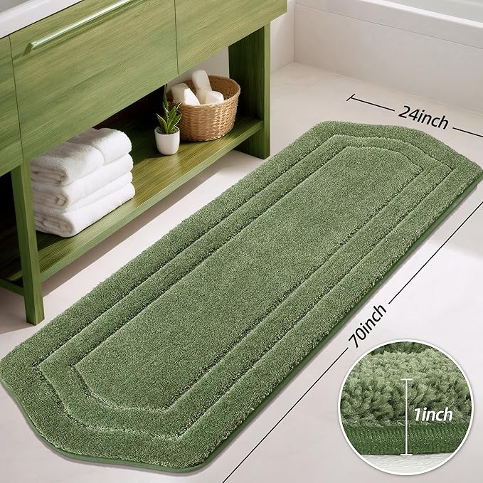 COSY HOMEER Bathroom Rugs Mat 24”x70” Absorbent Non-Slip Bath Mat, Plush Shaggy Bathroom Runner, Machine Washable Large Soft Bath Mats for Bath Floor,Tub and Shower,Green