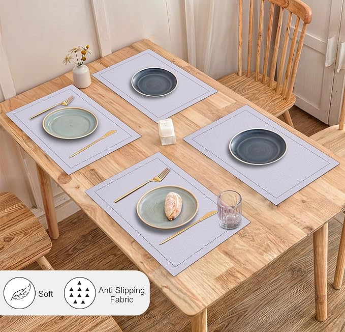 Ruvanti Linen Placemats Set of 6-13x19 Inch, Classic Hemstitch, Heat Resistant Machine Washable Place Mats, Soft & Elegant- Perfect for Christmas, Thanksgiving, Weddings, Dinner - Lavender Grey