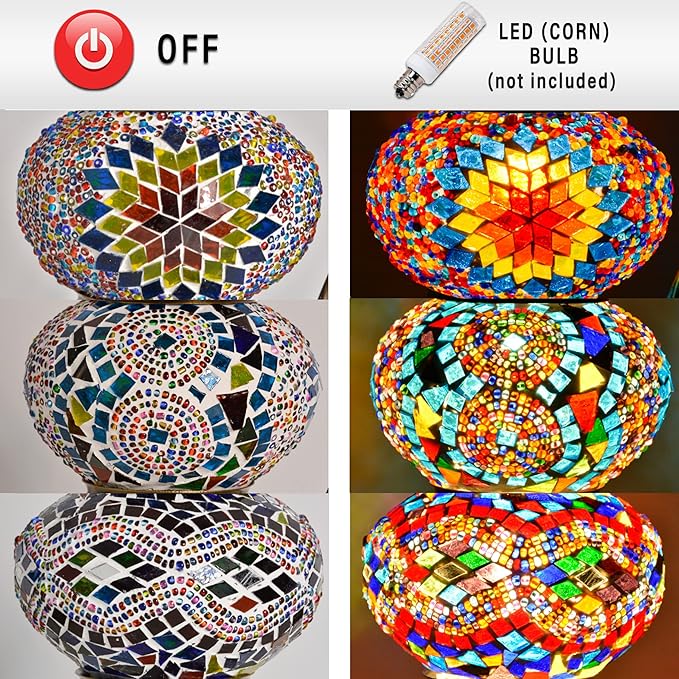 mozaist Tiffany Style Turkish Stained Glass Table Lamp, 3 Globe Mosaic Moroccan Desk Light, Bohemian Vintage Bedroom Nightstand, Antique Handmade Rustic Decor Colorful Lighting (Cappadocia Balloon)