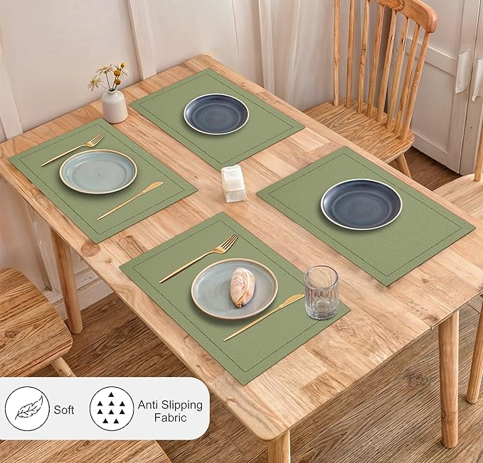 Ruvanti Linen Placemats Set of 6-13x19 Inch, Classic Hemstitch, Heat Resistant Machine Washable Place Mats, Soft & Elegant- Perfect for Christmas, Thanksgiving, Weddings, Dinner - Martini Olive
