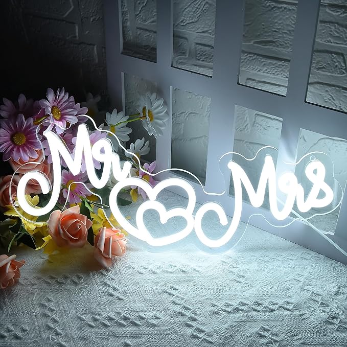 Mr and Mrs Neon Sign for Wall Decor,Neon Wedding Signs for Reception,Mr and Mrs Sign for Wedding Decorations,Wedding neon sign for Engagement Party,Anniversary,Valentine's Day,15.7 * 8.7 inch(D251)
