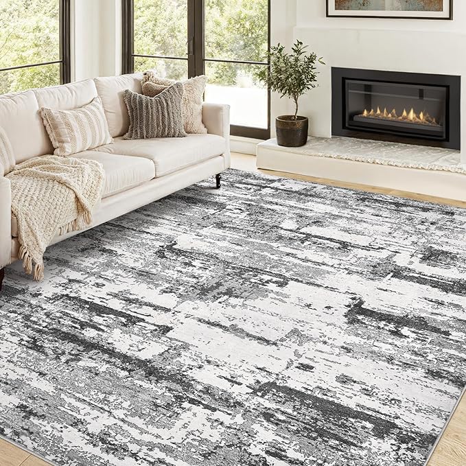 Area Rugs for Living Room: 6x9 Abstract Washable Rug Modern Neutral Large Soft Stain Resistant Non-Slip Backing Machine Table for Bedroom Dining Room Indoor Home Office Carpet - Black Grey
