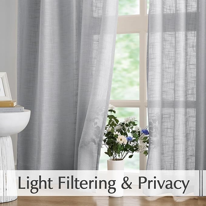 FMFUNCTEX Linen Grey Sheer Curtains for Bedroom 96 inches Long Sliding Door Curtain for Extra Wide Windows White Room Divider Rich Linen Textured Curtain Panels for Living Room Neutral Gray 1 Pack