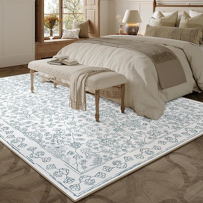 Floral Area Rug 5x7 Washable Blue Carpet Non Slip Large Boho Thin Farmhouse Throw Accent Rug for Living Room Bedroom Office Kitchen Bathroom