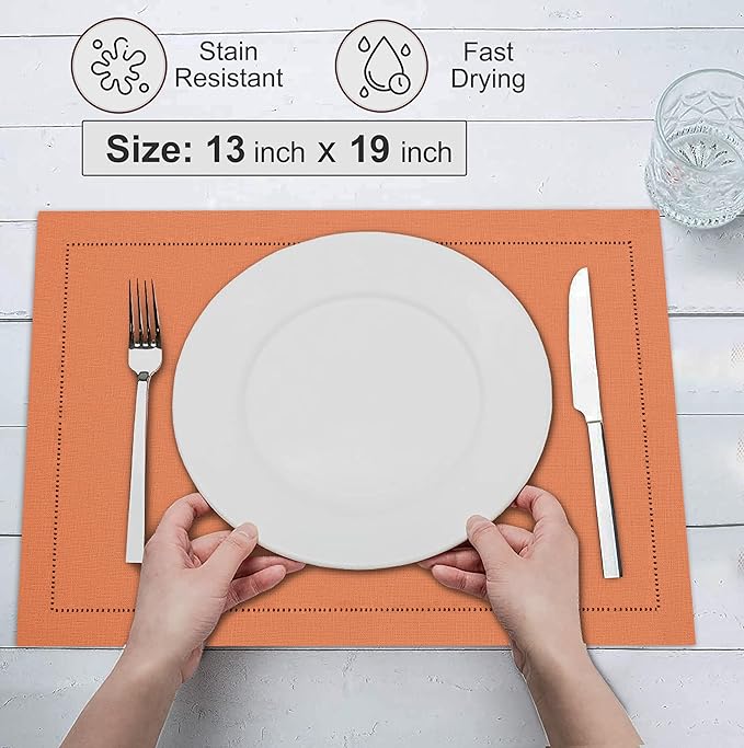 Ruvanti Linen Placemats Set of 6-13x19 Inch, Classic Hemstitch, Heat Resistant Machine Washable Place Mats, Soft & Elegant- Perfect for Christmas, Thanksgiving, Easter, Weddings, Dinner - Orange