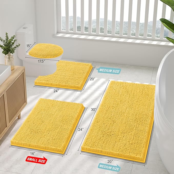 Smiry Luxury Chenille Bathroom Rugs 30x20, Extra Soft and Absorbent Shaggy Bath Mat, Machine Washable, Non-Slip Plush Carpet Runner for Tub, Shower, and Floor, Home Decor Accessories, Yellow